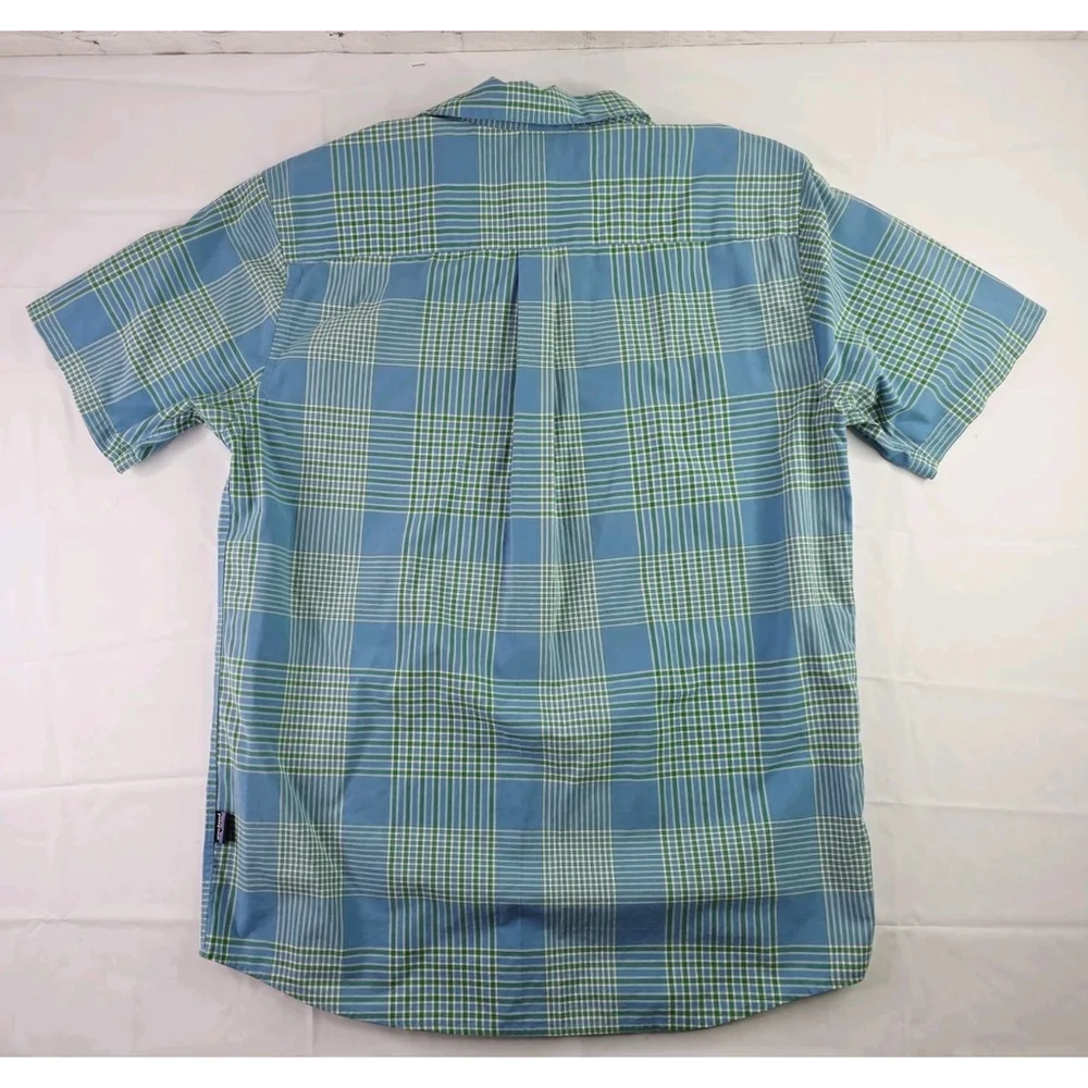 Patagonia Men's Go To Shirt Short Sleeve Plaid Blue Green Organic Cotton Size L